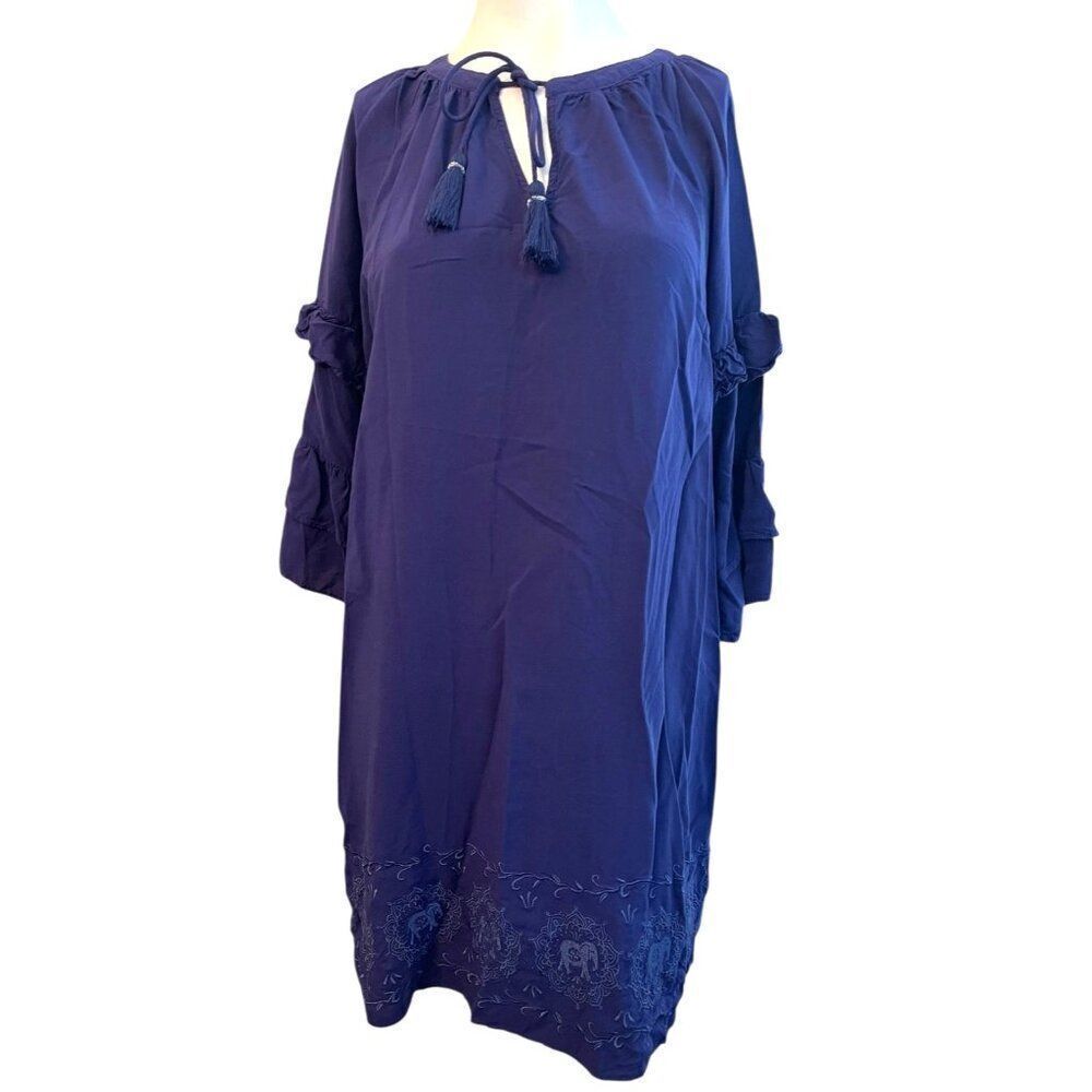 Simply Southern Large Blue Purple Shift Dress Elephant Embroidery Ruffle Sleeves - Picture 1 of 10